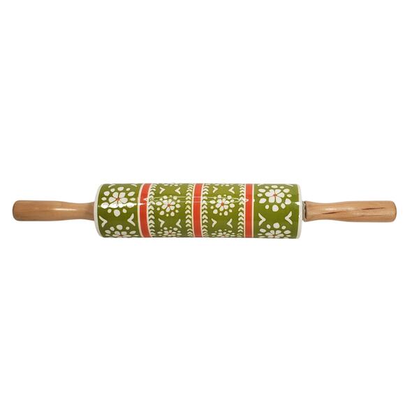 Anthropologie Ceramic Floral Folk Art Kitchen Rolling Pin Wood Handles Bloomcore - Picture 1 of 8